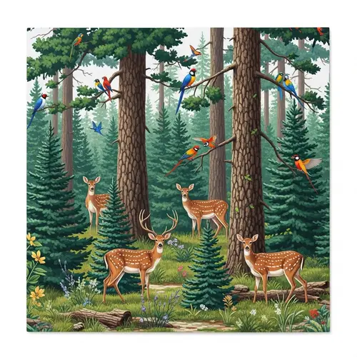 Tranquil Forest Scene with Deer and Colorful Birds