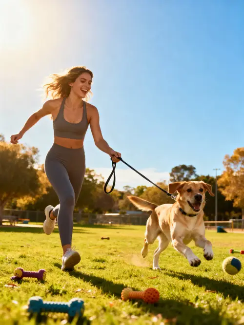 Joyful Dog Park Moments: Active Woman & Pet Fun