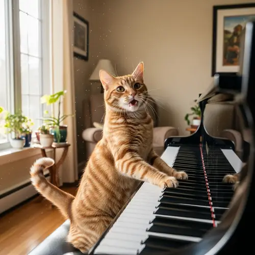 Ginger Cat Playing on Black Grand Piano in Living Room