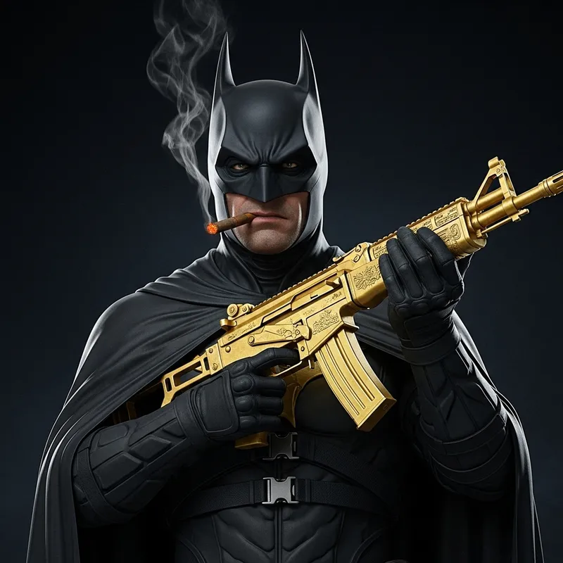 Dark Vigilante with Bat-Themed Costume and Gold AK-47
