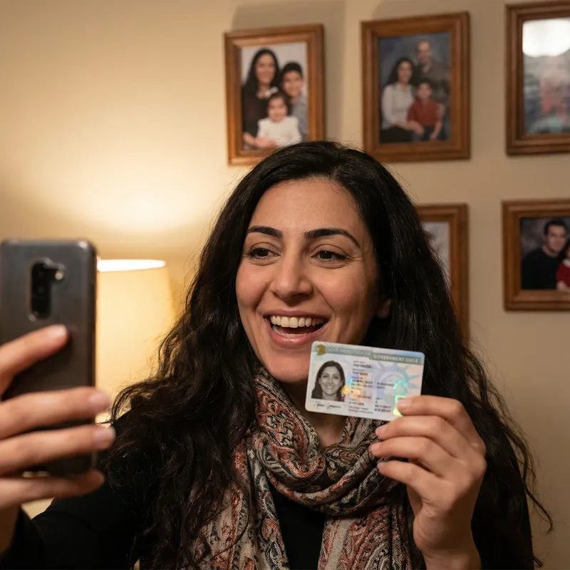 Person Taking Selfie with ID Card | Smiling Pose
