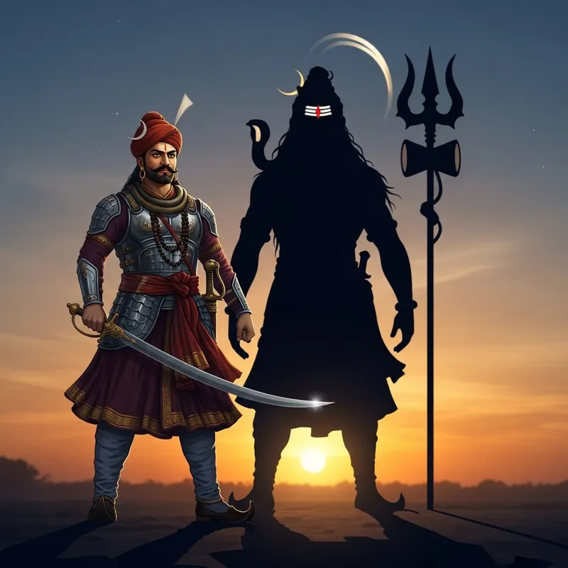 Warrior King Chatrapati Shivaji Maharaj with Divine Shadow of Mahadev