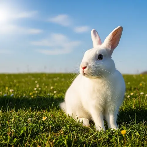 Cute White Rabbit on Green Grassland under Blue Sky