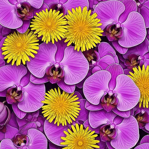 Stunning Purple Orchids and Yellow Dandelions Artwork