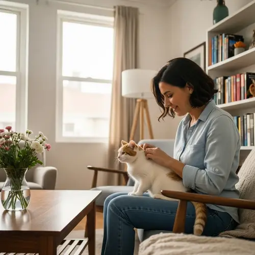Hispanic Woman Stroking European Shorthair Cat
