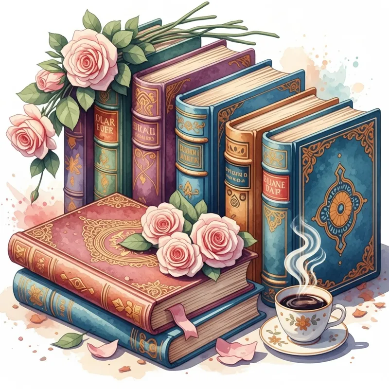 Intricately Detailed 3D Watercolor Image of Antique Books, Roses & Coffee