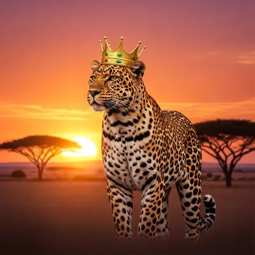 Majestic Leopard with Golden Crown in Savannah Sunset