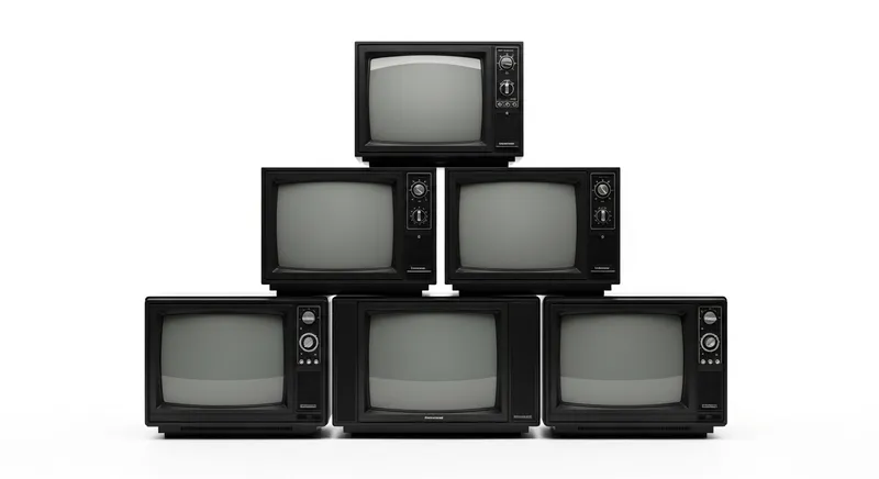 Vintage Black Television Pyramid Display on White Background