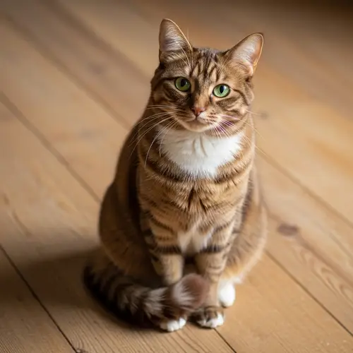Brown Cat with Striking Green Eyes Sitting on Antique Wooden Floor