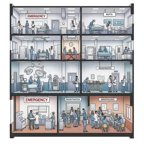 Multi-Story Hospital Busy Hours: ER, Operating Room, Hallways, Registration, Cafeteria