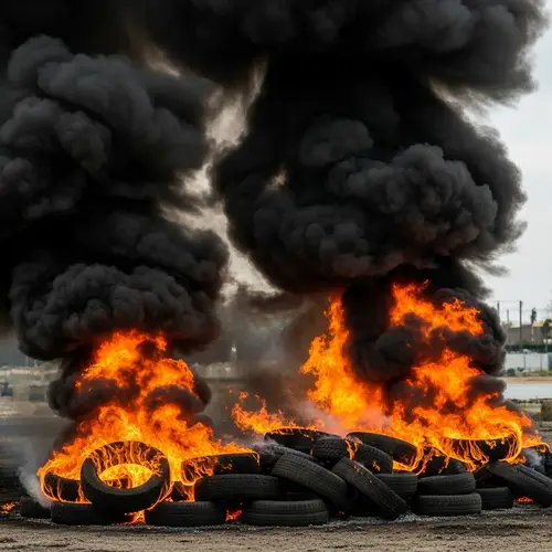 Eerie Scene: Black Smoke Billowing From Burning Rubber Tires