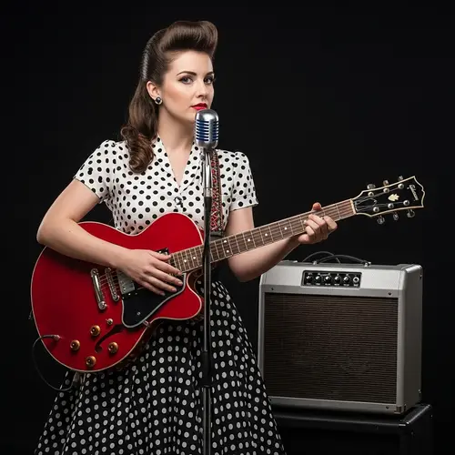 Vintage Rockabilly Girl with Guitar, Amplifier & Microphone