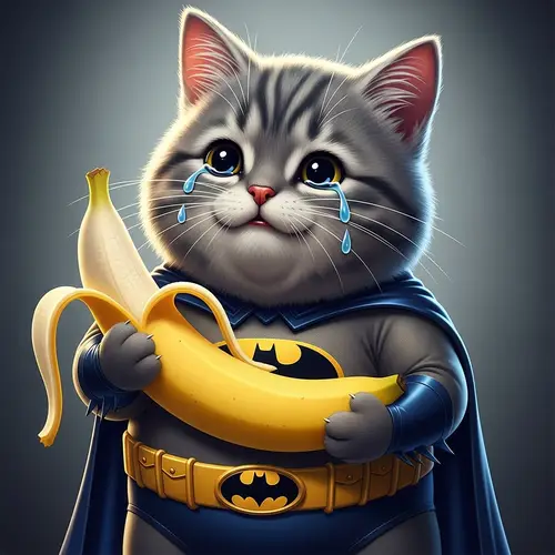 Adorable Gray Kitten in Batman Suit Holding a Banana