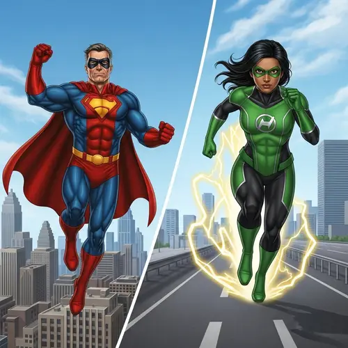 Superhero Scene: Male and Female Heroes in Action