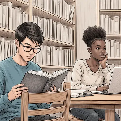 Serene Library Atmosphere: Teenage Boy & Girl Studying | Library Sketch