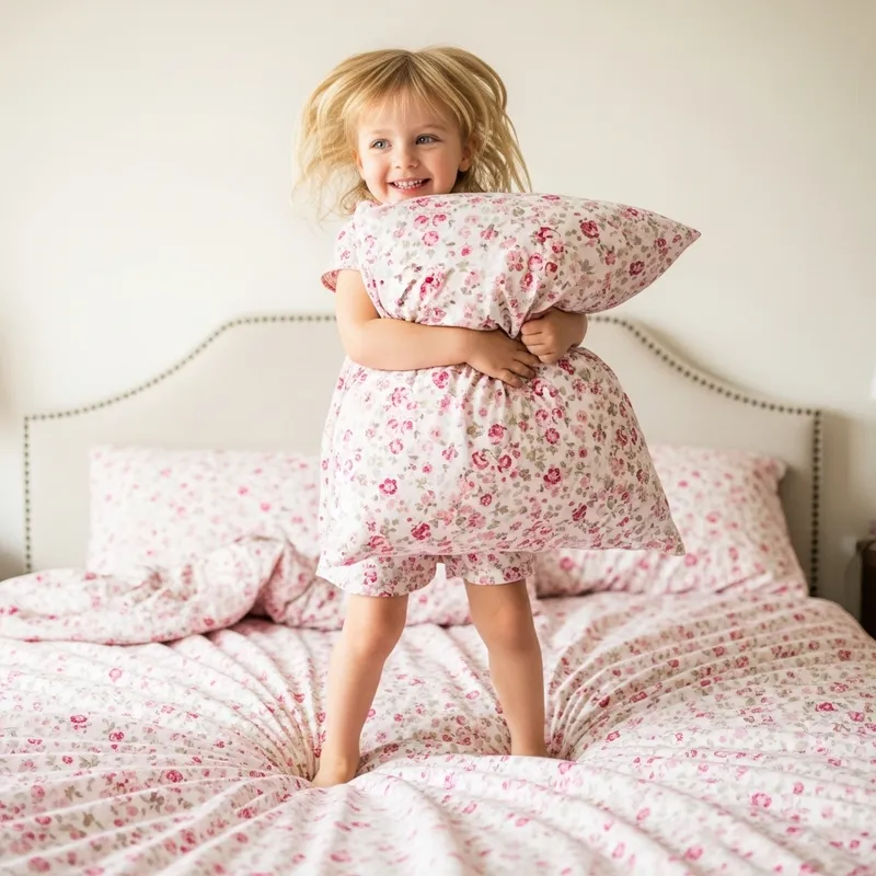Cheerful Girl with Bright Blonde Hair Jumping on Pink Floral Bed