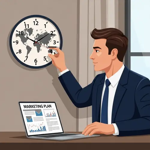 Male Entrepreneur Analyzing World Clock for Marketing Campaign Timing