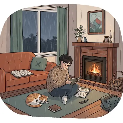 Tranquil Rainy Day Scene: Cozy Room with Fireplace, Sofa, Cat & Student
