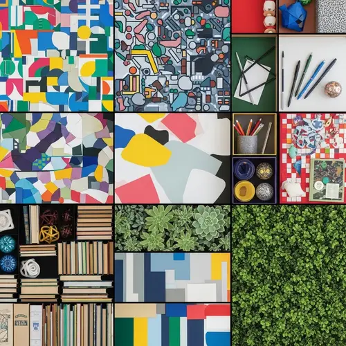 Vibrant Grid-Style Arrangement with Abstract Patterns and Greenery