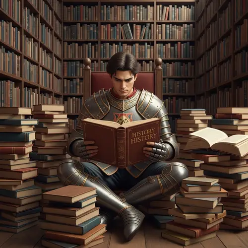 Hispanic Young Warrior Deep in Historical Book in Voluminous Library