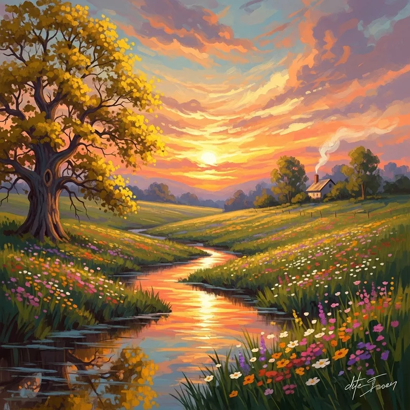 Peaceful Impressionistic Countryside Landscape: A Sunset Symphony