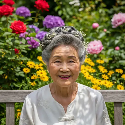 Elderly Asian Woman Smiling in Vibrant Garden | Beautiful Hairstyle