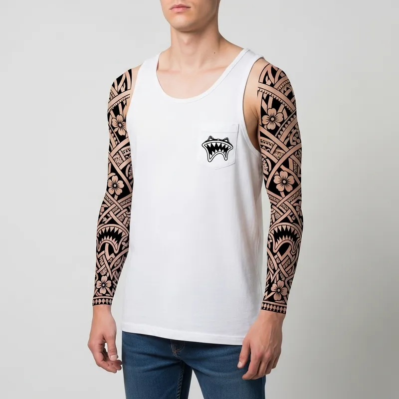 Male Tribal Sleeve Tattoo Design with Flower Motifs & Sharktooth