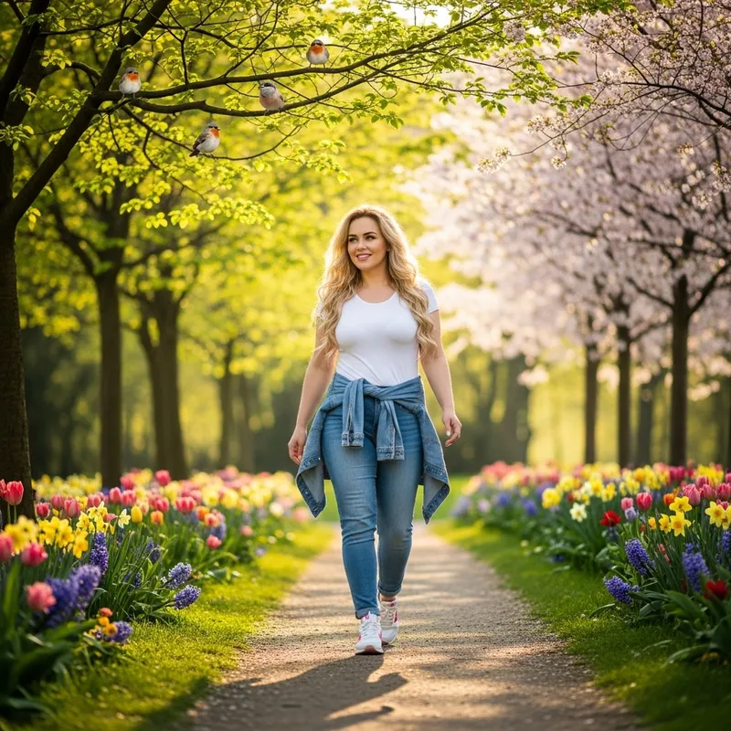 Beautiful Blonde Strolling in Spring Park | Casual Sneakers