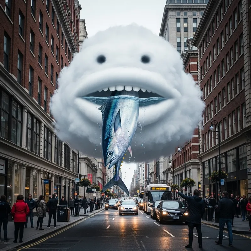 Captivating Scene: Cloud Carrying Fish Through Street