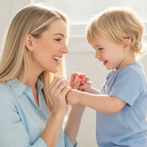 Tender Family Moment: Supportive Blonde Mother Encouraging Child's Growth