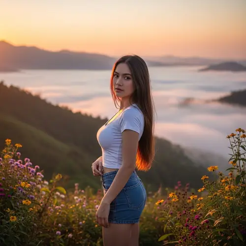 Beautiful Thai Teenager Portrait at Sunset in Misty Mountain Landscape
