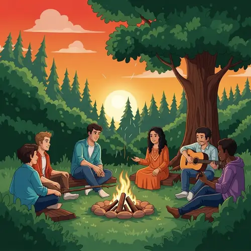 Campfire Gathering at Sunset in the Enchanted Forest