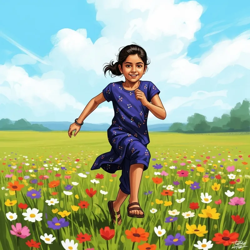 Energetic Girl Running in Colorful Field with Vibrant Hues