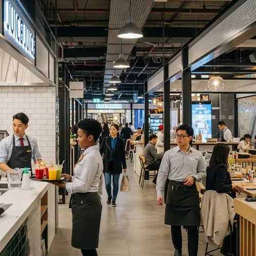 Modern Marketplace Scene with Servers Selling Juices and Leading Customers