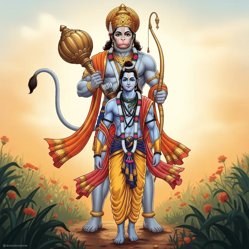 Divine Guardian Homage: Lord Hanuman Protects Lord Rama Divine Guardian Homage: Lord Hanuman Protects Lord Rama