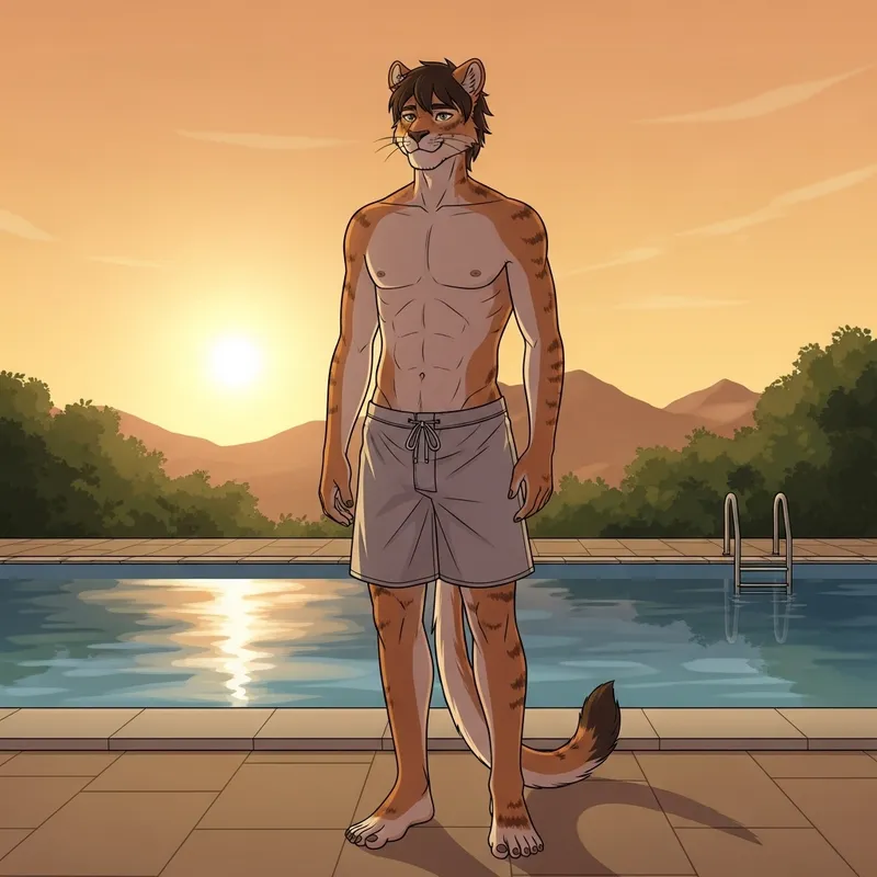 Male Beast Demi-Human Relaxing by Pool at Sunset