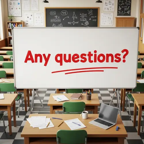 Classic Classroom Setting with Any Questions? Text Bubble on Whiteboard