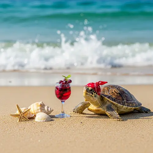 Quirky Turtle Enjoying Grape Juice on Sandy Beach