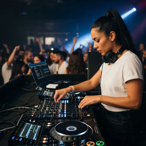 Latinx Female DJ at Professional Music Console | Nightclub Scene
