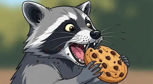 Jovial Raccoon Enjoying Chocolate Chip Cookie | Cell Shading Style