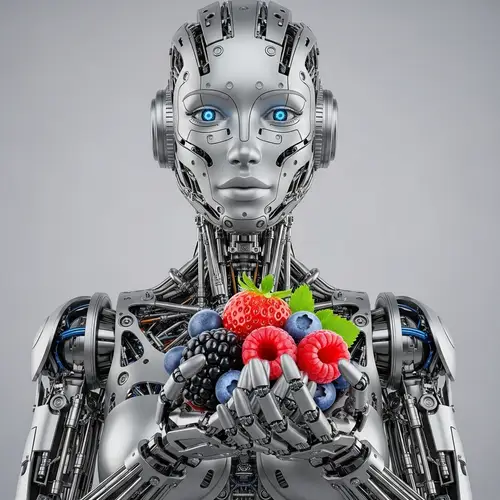 Futuristic Female Robot with Berries | Silver Metal Droid Art