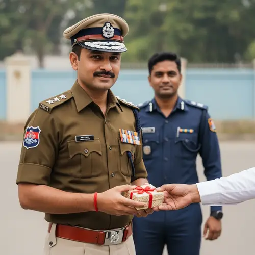 South Asian Male Police Officer Receiving Gift | Law Enforcement Scene