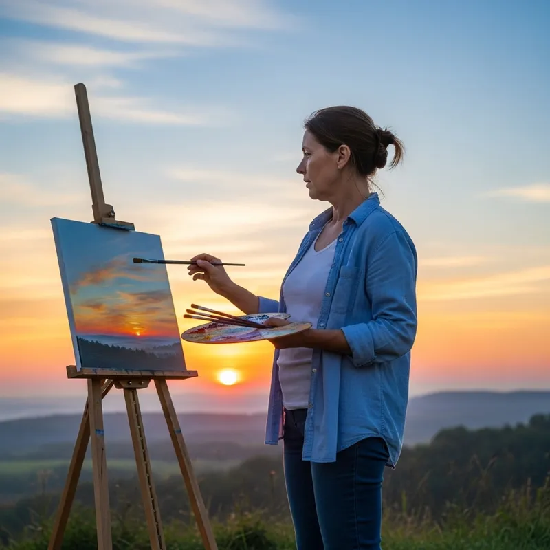 Woman Painting a Colorful Sunrise Landscape