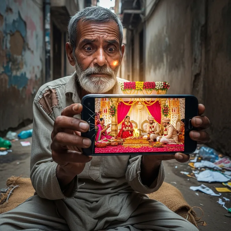 Beggar in India Mesmerized by Lavish Wedding on Mobile Beggar in India Mesmerized by Lavish Wedding on Mobile