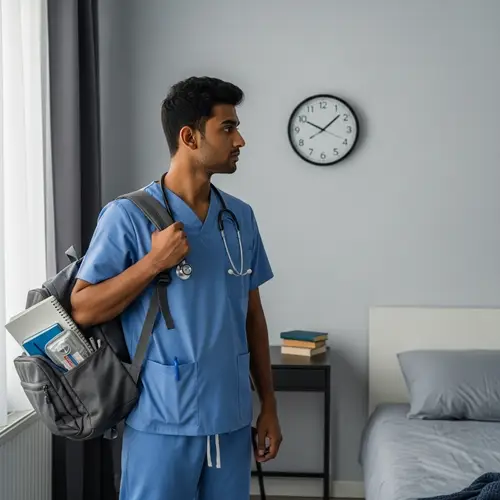 South Asian Nursing Student in Scrubs in Bedroom