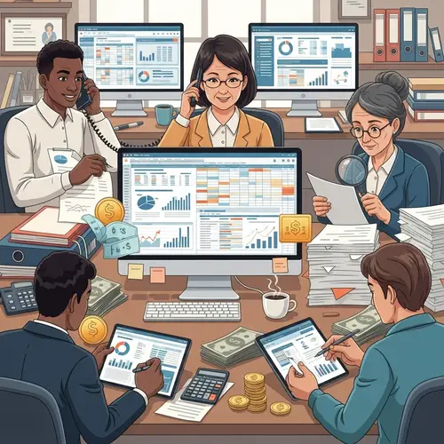 Diverse Payroll Service Professionals in Action | Financial Data & Office Accessories