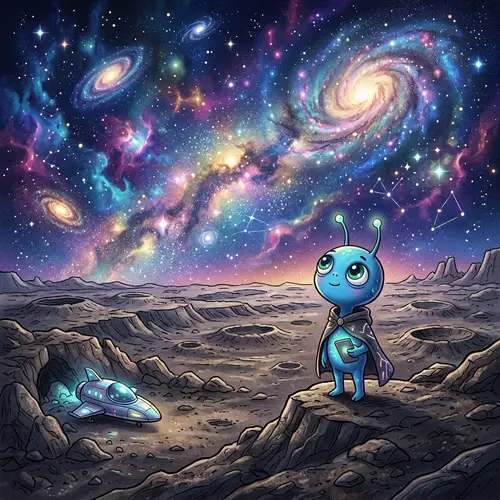 Whimsical Alien Standing on Rocky Planet Exploring Galaxies