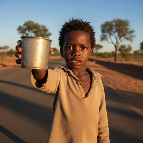 Hopeful Black Boy Seeking Water in Arid Region
