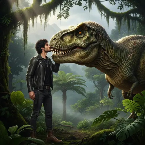 Charismatic Man Kisses Tyrannosaurus Rex in Thrilling Jungle Scene
