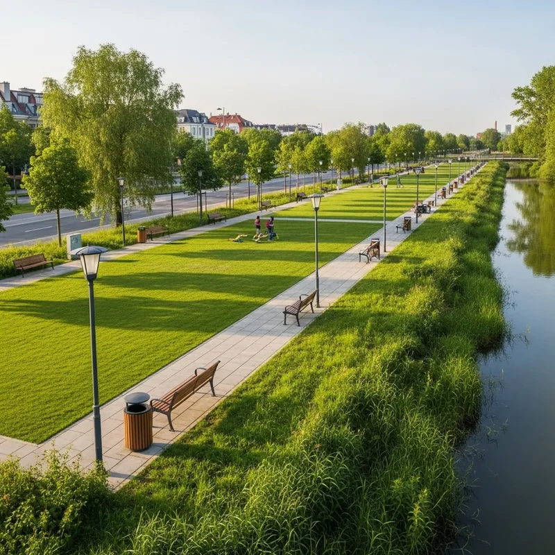Tranquil Linear Park at Wetland's Edge | Green Spaces & Seating